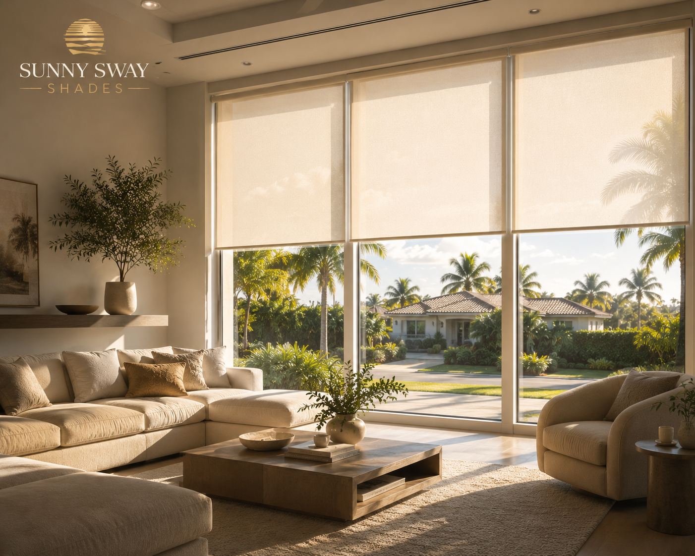 Custom roller shades installation in Miami living room by Sunny Sway Shades