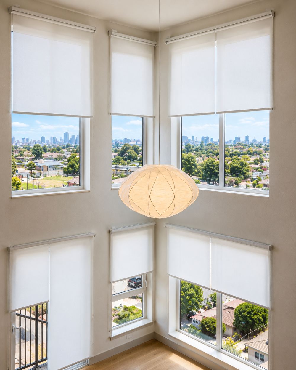 Custom blinds for two-story corner windows, Fort Lauderdale