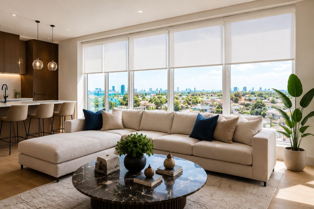 Fabric roller shades in open-concept living room, South Florida